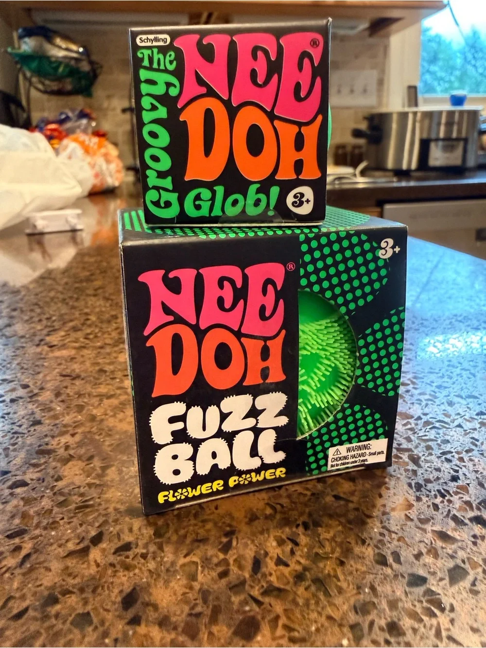 Bundle- 2 PC- Schylling- NeeDoh Green Fuzz Ball Flower Power and Groovy Glob